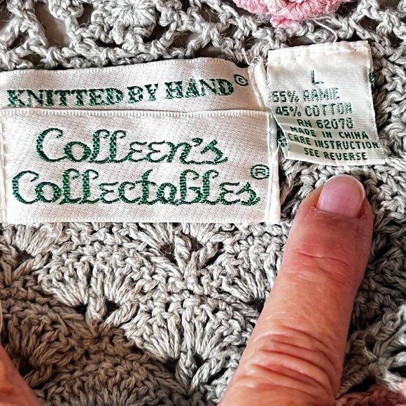 Vintage Handmade Crochet Green Tunic Sweater Pink Roses Colleens Collectables - Picture 10 of 13